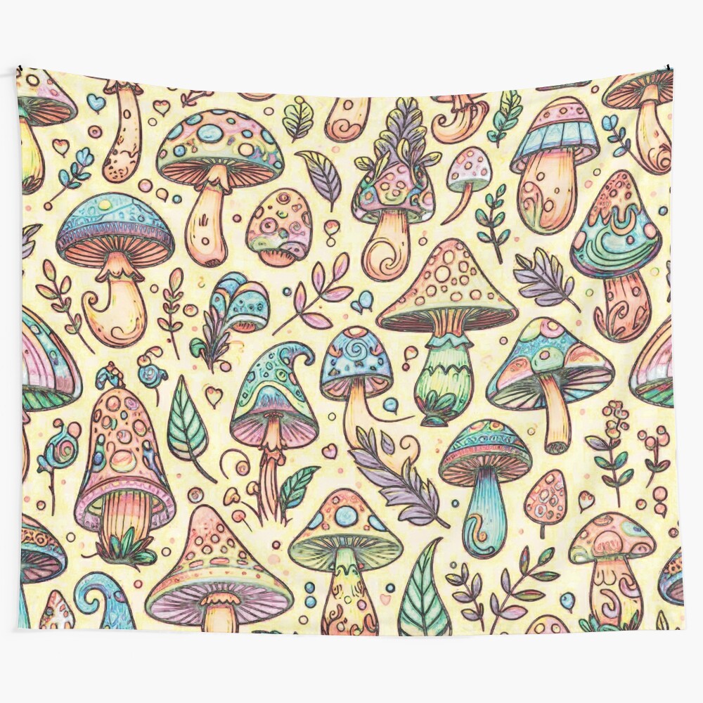 Colorful trippy mushroom tapestry with psychedelic patterns and autumn leaves