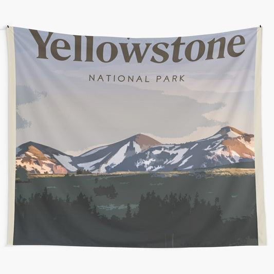 Yellowstone National Park landscape tapestry depicting mountains, forests, and rivers