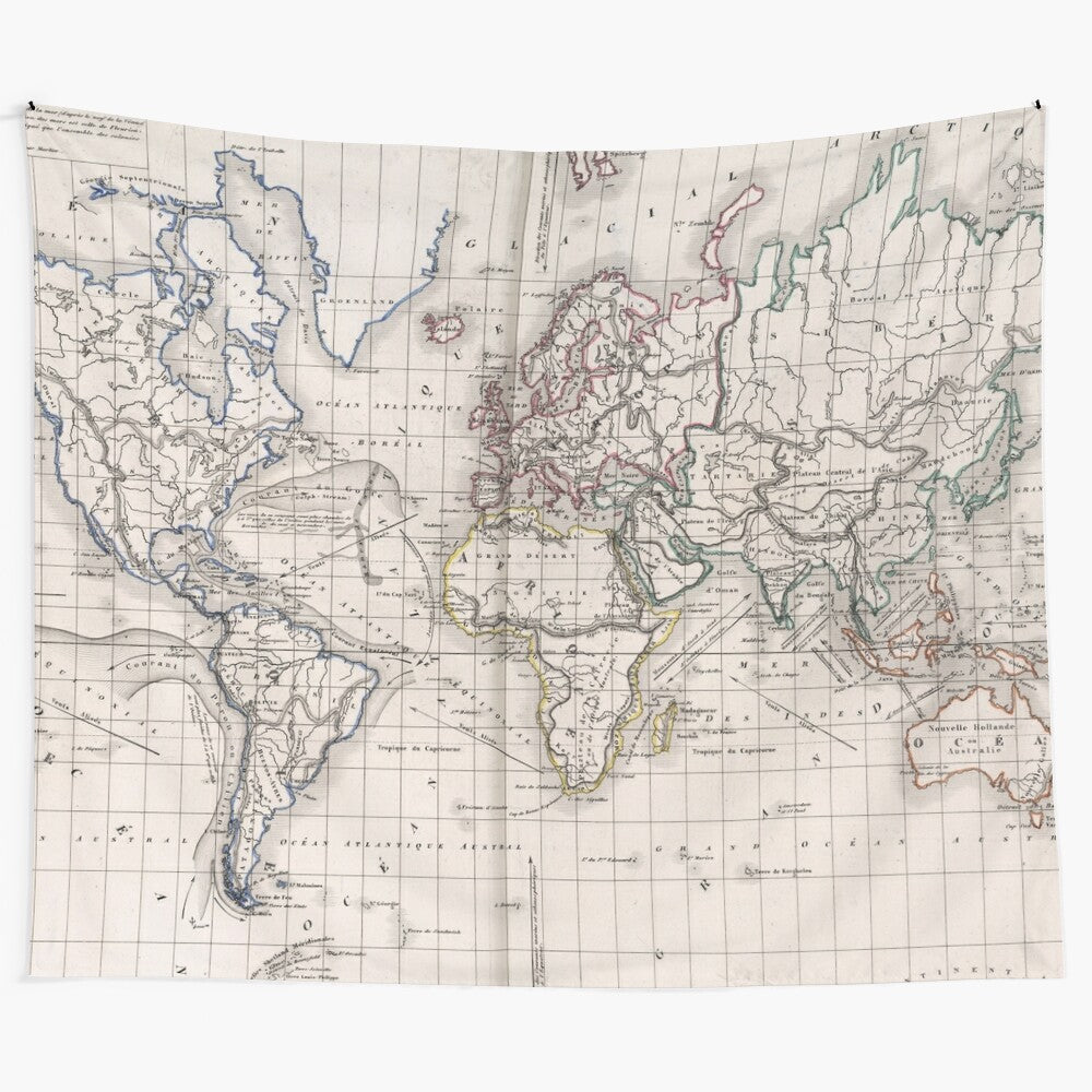 Vintage-inspired world map tapestry showing historical continents and geography