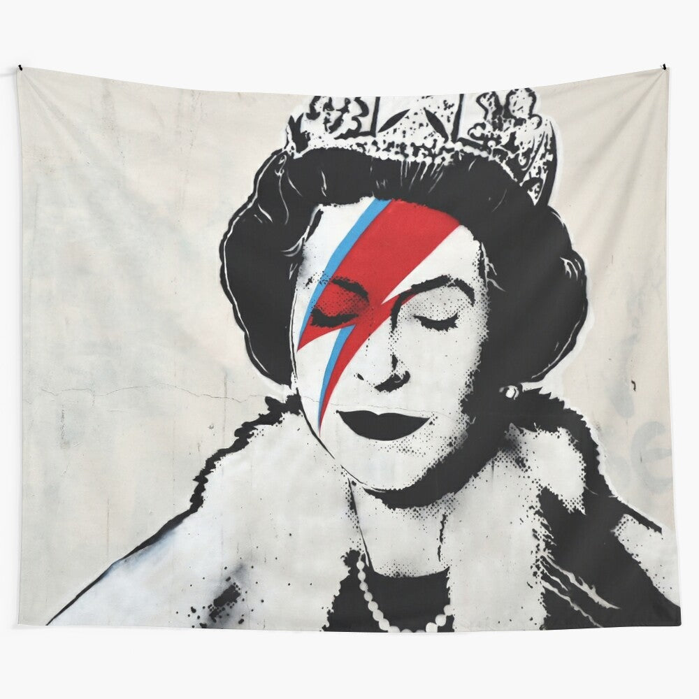 Banksy-inspired tapestry featuring Queen Elizabeth in a music-themed graffiti style design