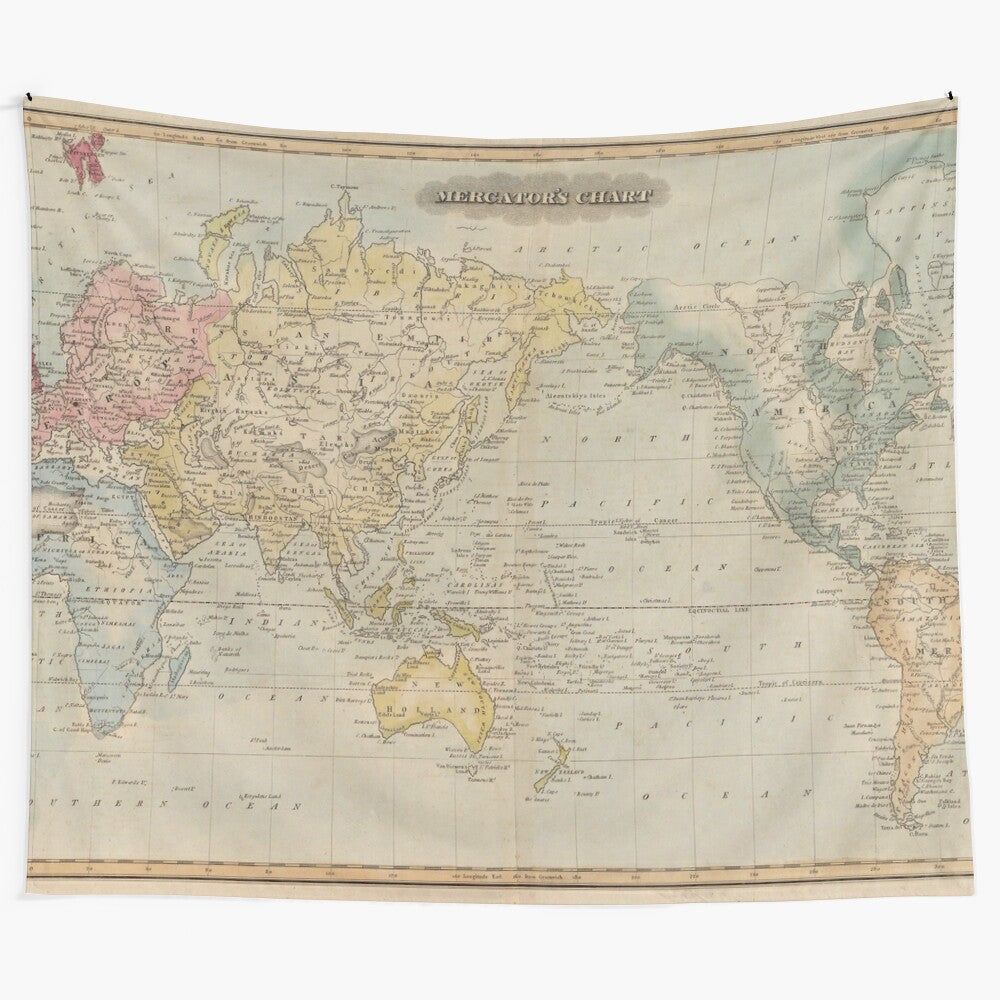 Vintage-style world map tapestry featuring a historical map of the world from 1823