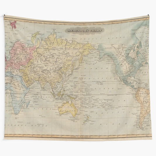 Vintage-style world map tapestry featuring a historical map of the world from 1823