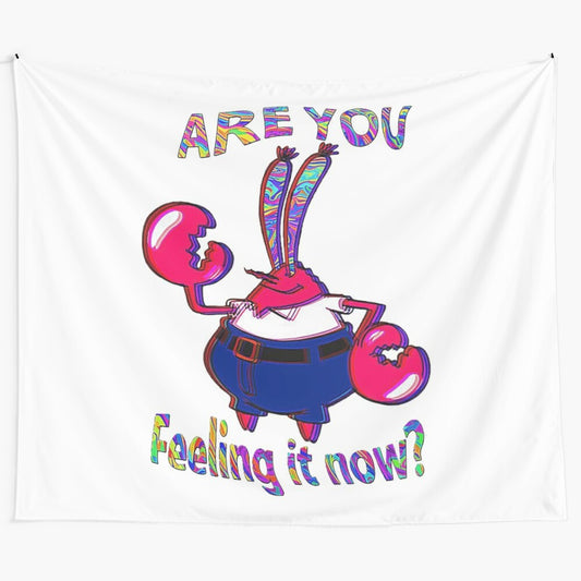 Psychedelic Spongebob and Patrick tapestry featuring a trippy, meme-inspired design