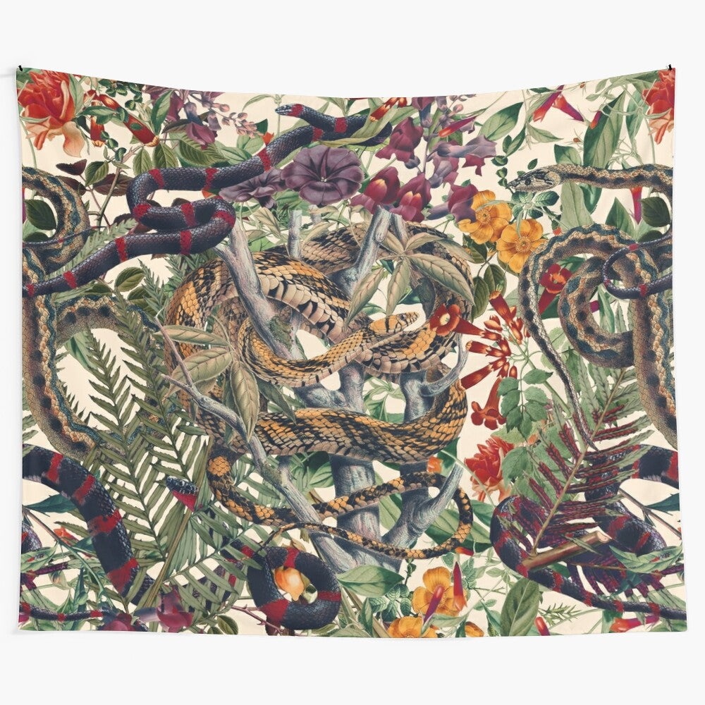 Vintage-inspired tapestry depicting a lush forest scene with floral elements and a snake