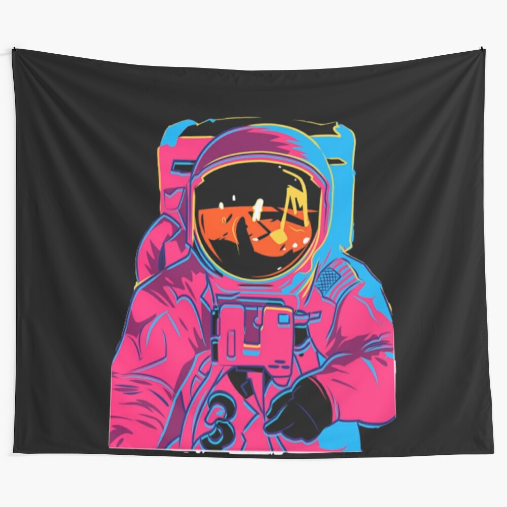 Trippy rainbow astronaut tapestry featuring a psychedelic space design