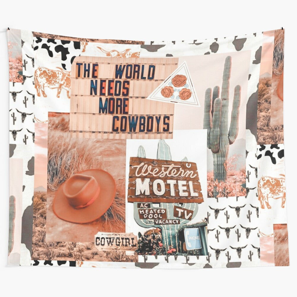 Western-inspired collage art tapestry featuring cowgirl fashion and girly aesthetic