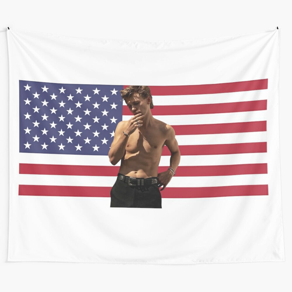 Austin Butler as Elvis Presley with American flag art tapestry