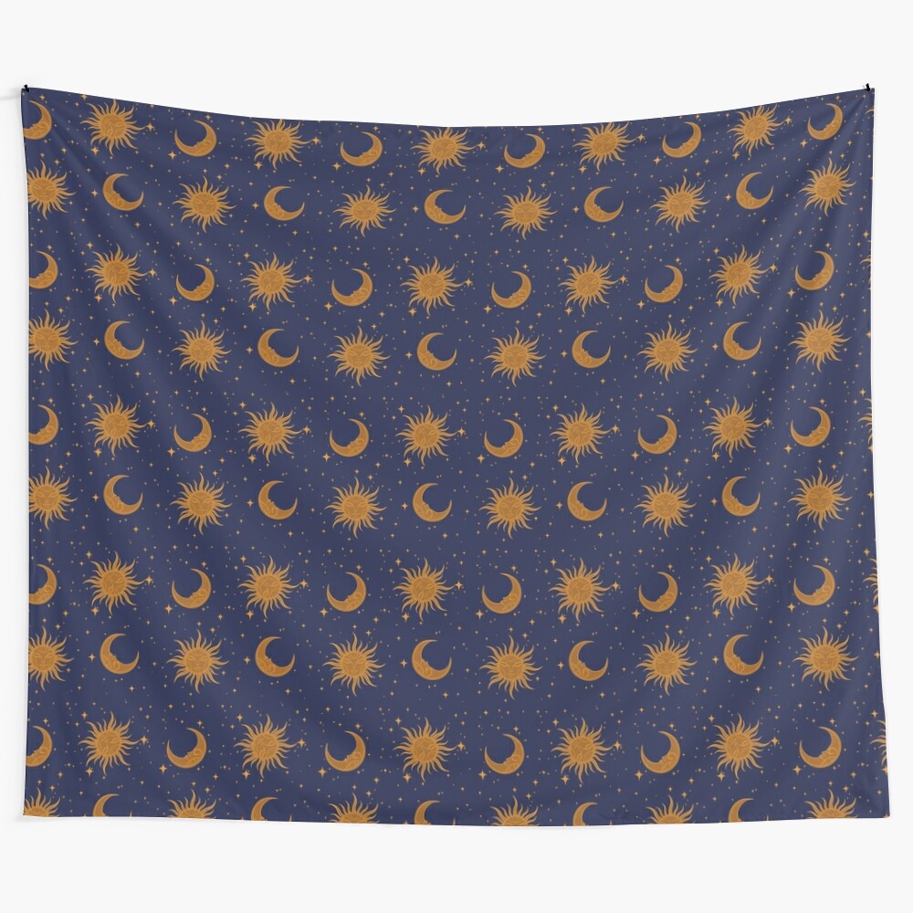 Celestial tapestry featuring intricate sun, moon, and star design