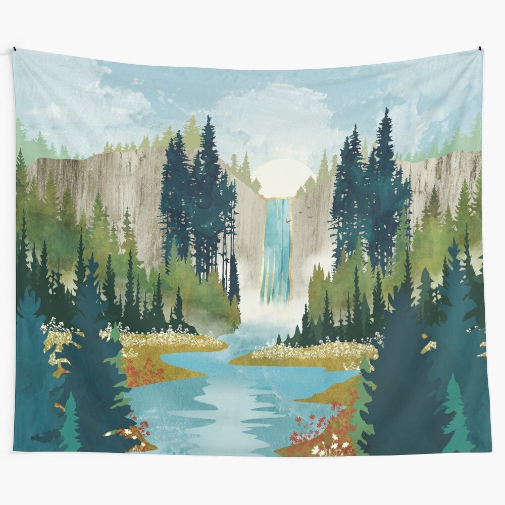 Waterfall tapestry featuring a breathtaking scenic landscape with mountains, forest, and a flowing river