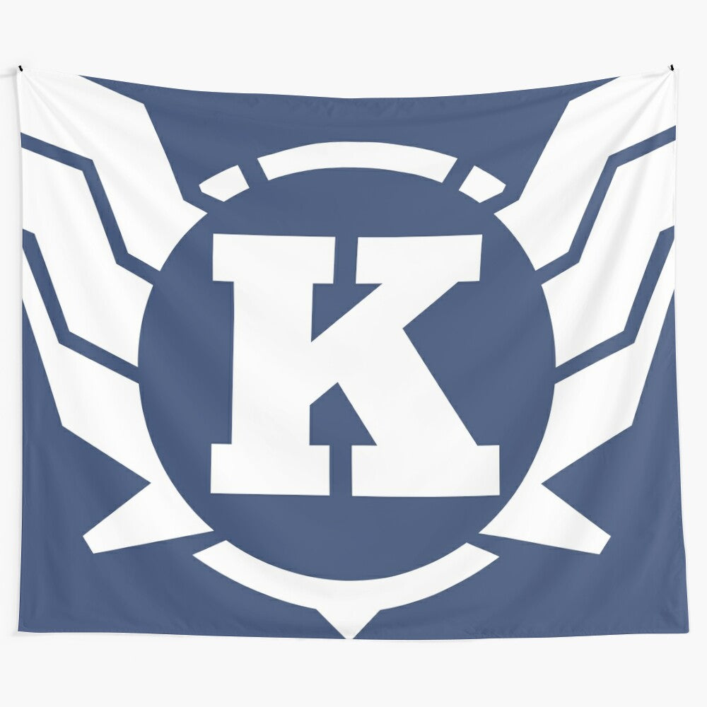 Superhero tapestry featuring a letter K with wing design