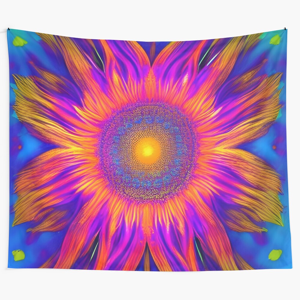 Cosmic sunflower tapestry with vibrant, trippy floral design