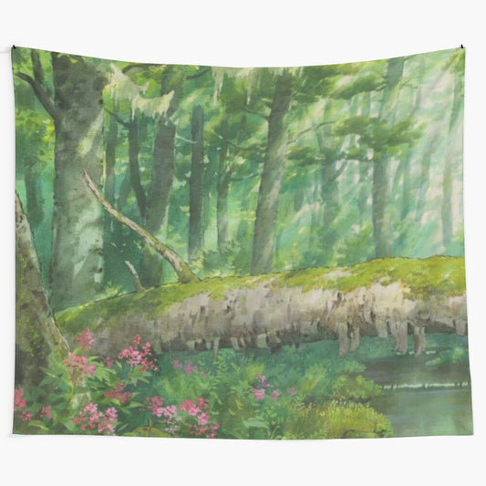 Anime magical forest tapestry with clouds, trees, and fantasy elements