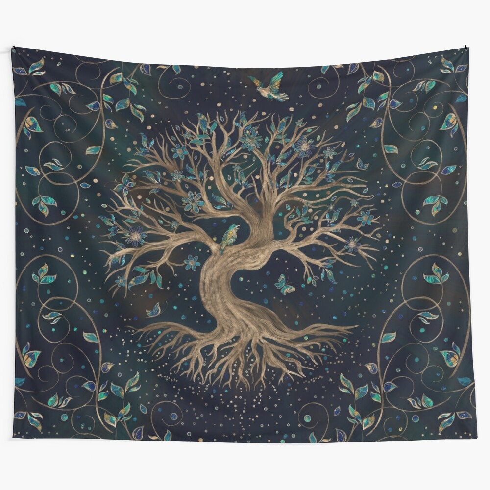 Yggdrasil tapestry depicting the Tree of Life with butterflies, birds, and flowers