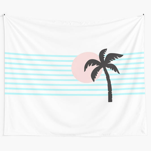 Colorful 80s-inspired beach tapestry with palm trees, waves, and tropical elements