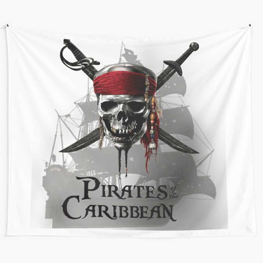 Pirates of the Caribbean inspired tapestry wall hanging featuring a pirate ship and ocean scene