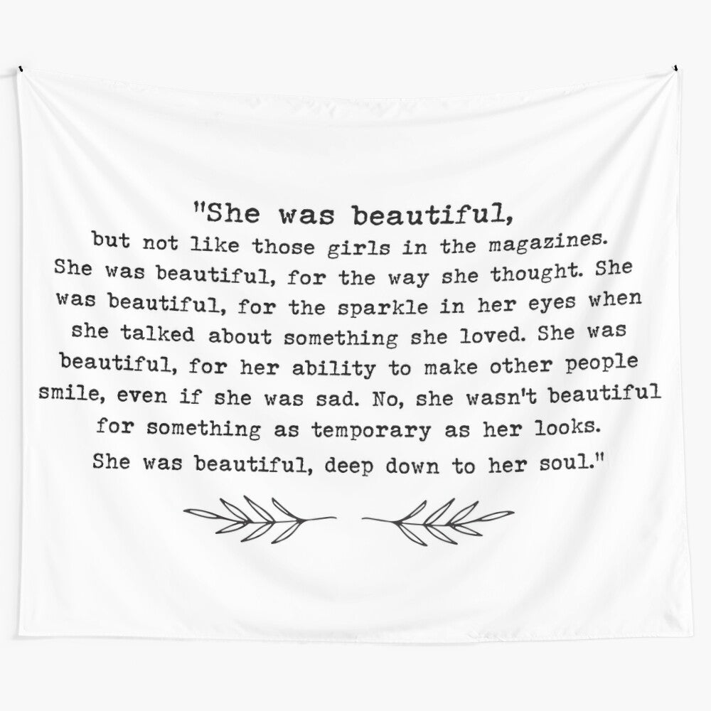 "She Was Beautiful" inspirational leaf design tapestry featuring a quote from F. Scott Fitzgerald