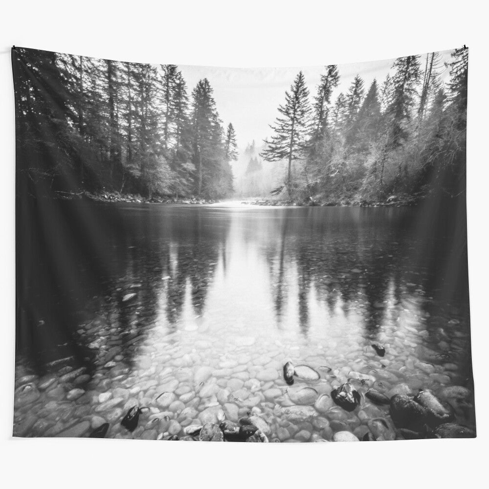 Black and white tapestry featuring a scenic forest reflection lake landscape