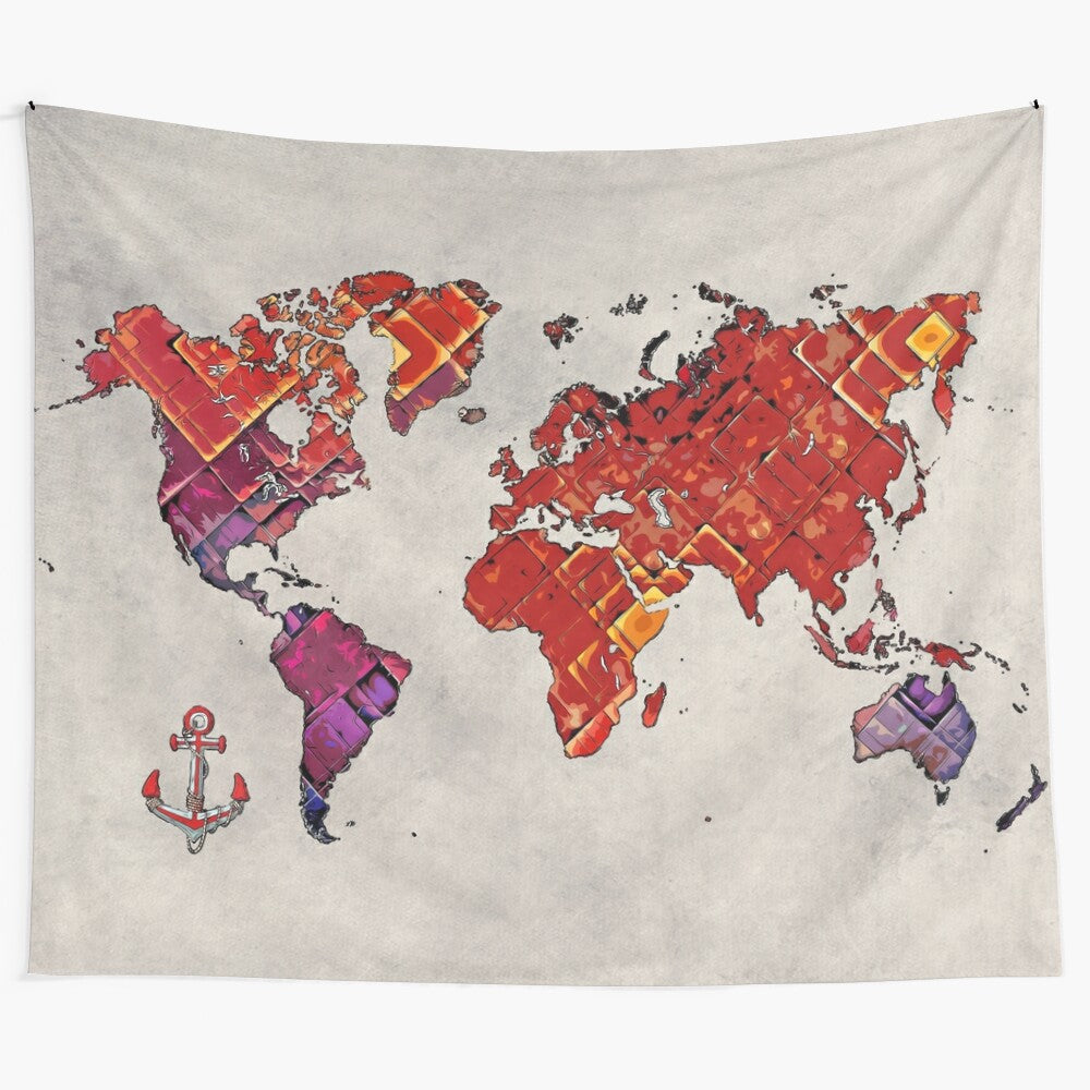 Colorful cartoon-style world map tapestry featuring a playful, illustrated globe design