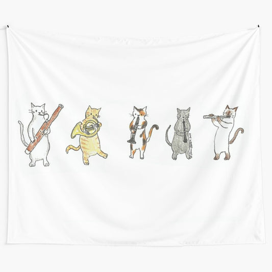 Tapestry depicting a whimsical wind meowtet ensemble of cats playing musical instruments