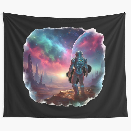 Tapestry featuring a cosmic explorer navigating a distant galaxy