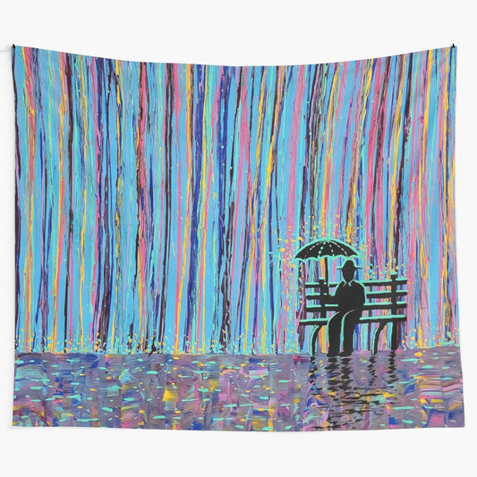 Vibrant psychedelic acid rain tapestry with abstract, trippy, and colorful design