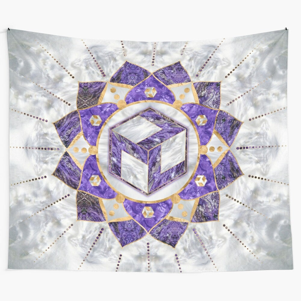 Antahkarana lotus mandala tapestry with amethyst and pearl