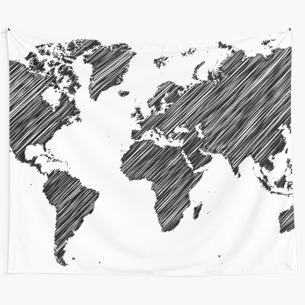 Monochrome world map tapestry with abstract, graphic design elements