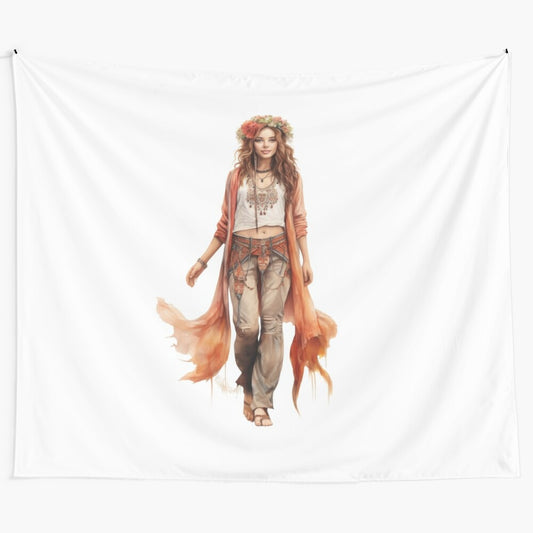 Cute hippie girl tapestry with psychedelic 60s floral design