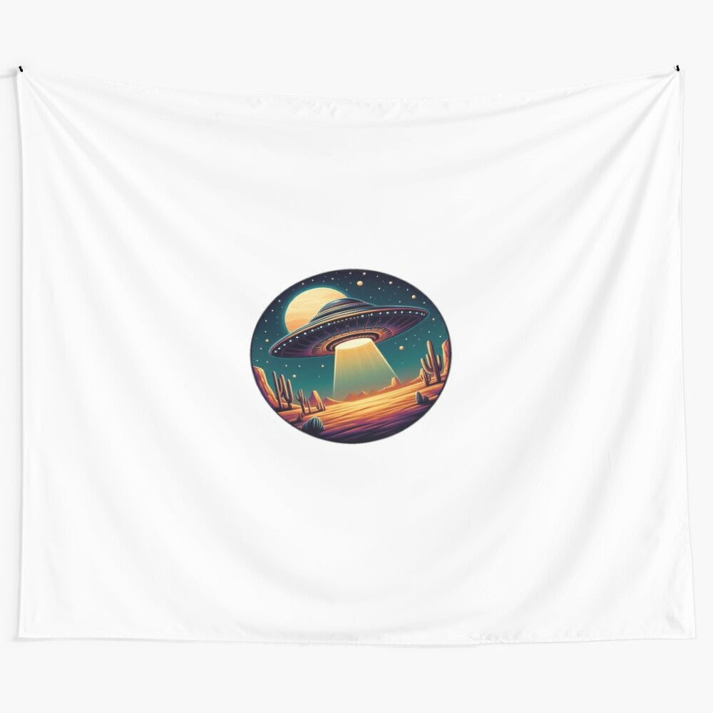 Unique tapestry depicting a mysterious UFO sighting in the desert, perfect for space and astronomy enthusiasts.