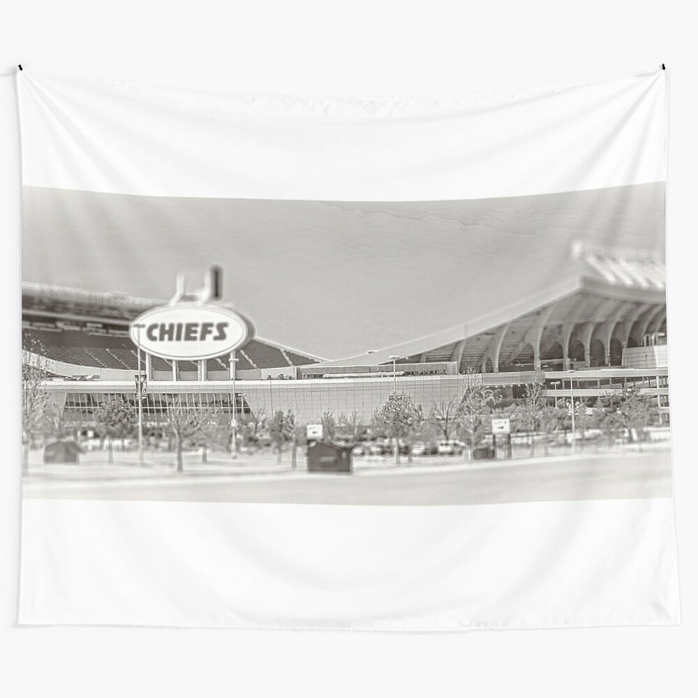 Arrowhead Stadium in Kansas City, Chiefs Kingdom, tilt-shift photography, black and white sports tapestry