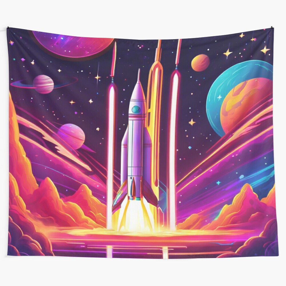 Captivating tapestry featuring a rocket launch into a vibrant cosmic landscape