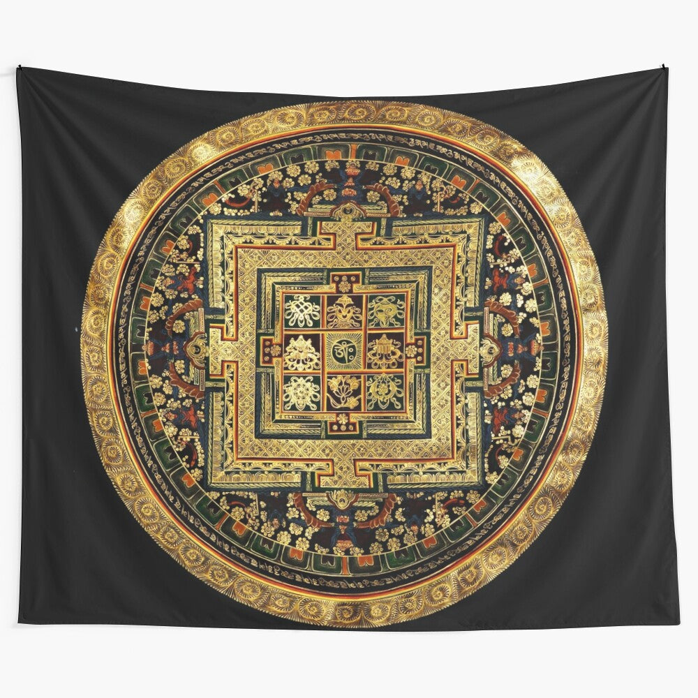 Intricate Buddhist Mandala Tapestry with Golden OM Symbol