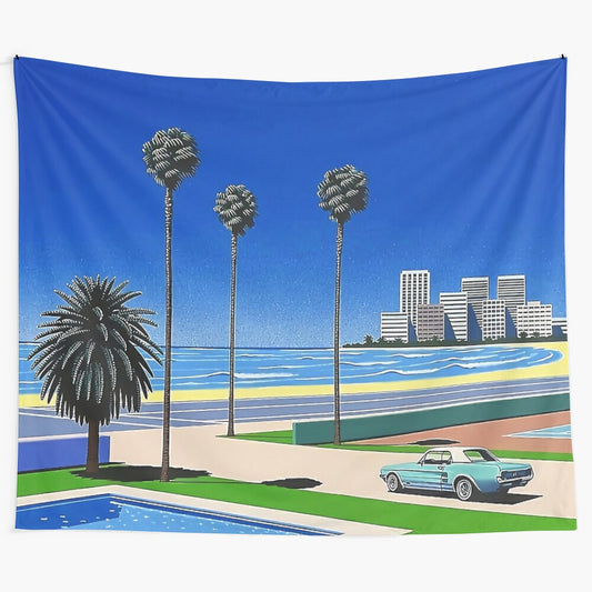 Hiroshi Nagai-inspired vaporwave tapestry with retro 80s poolside landscape