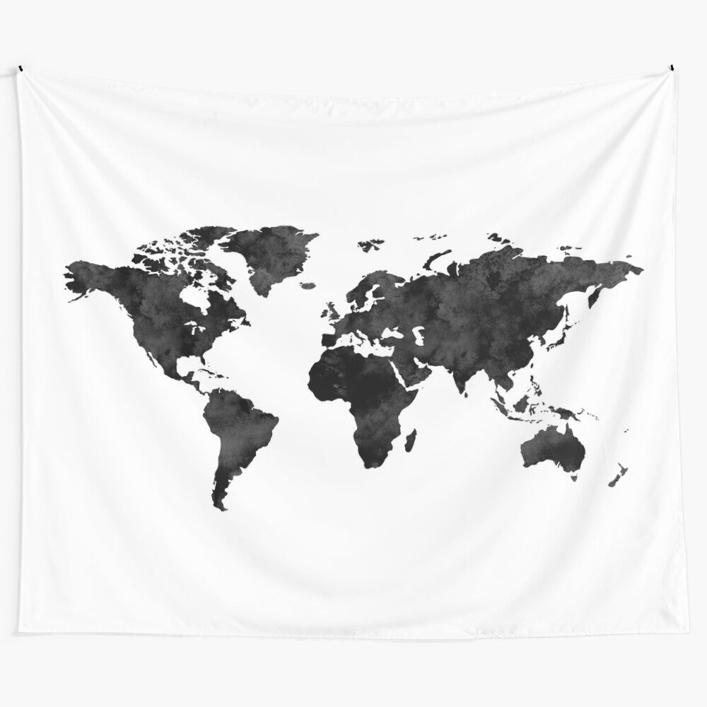 Watercolor-style black and white world map tapestry for modern home or nursery decor