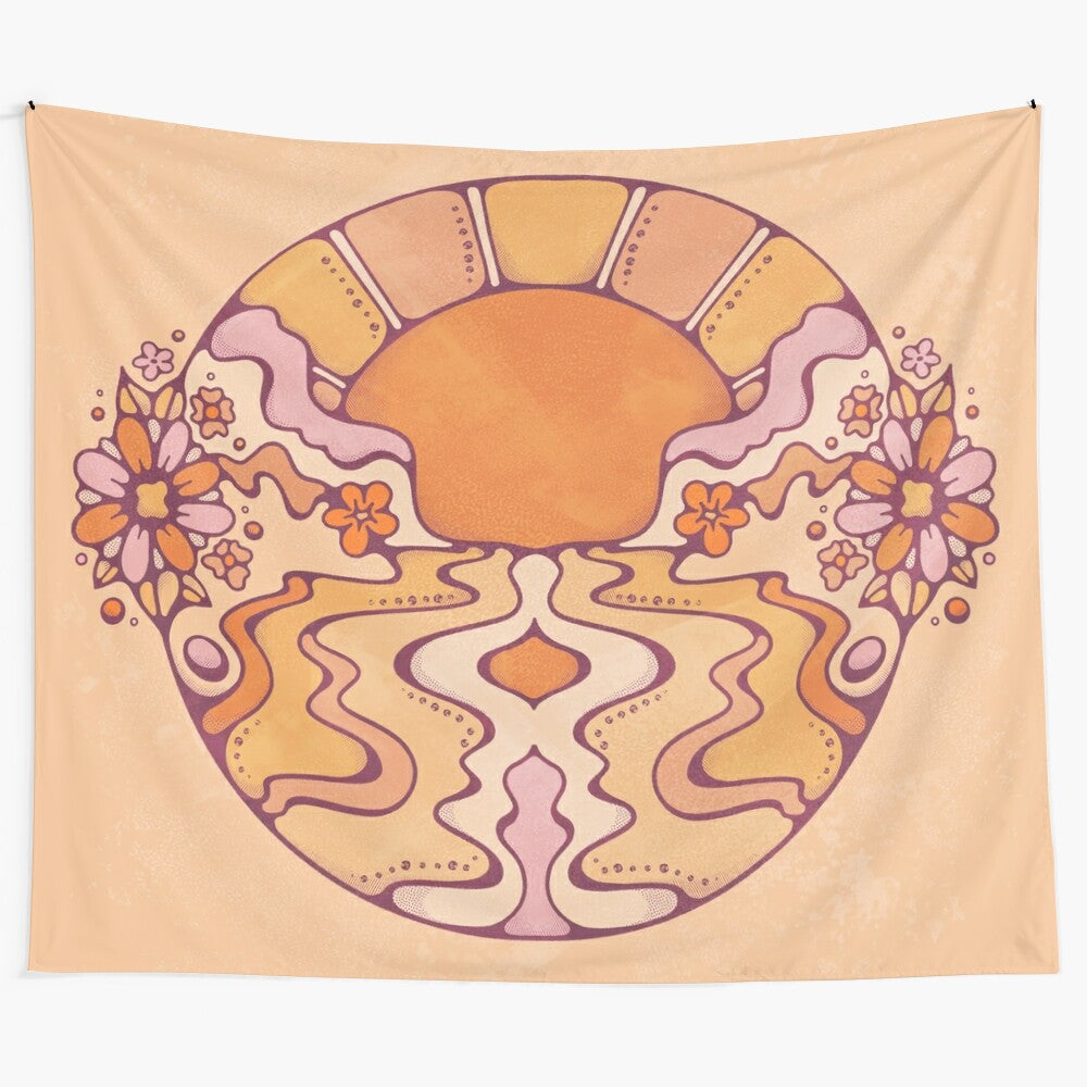 Groovy psychedelic tapestry featuring a sunset over water landscape