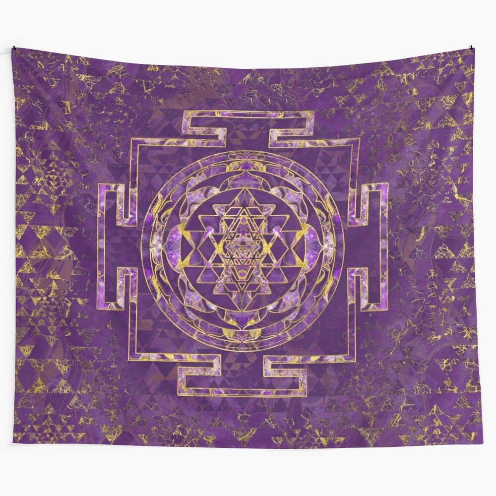 Handmade Sri Yantra tapestry with amethyst and gold accents