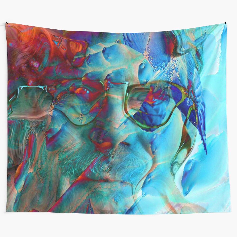 Old Man Time tapestry featuring a whimsical, abstract design with celestial and spiritual elements