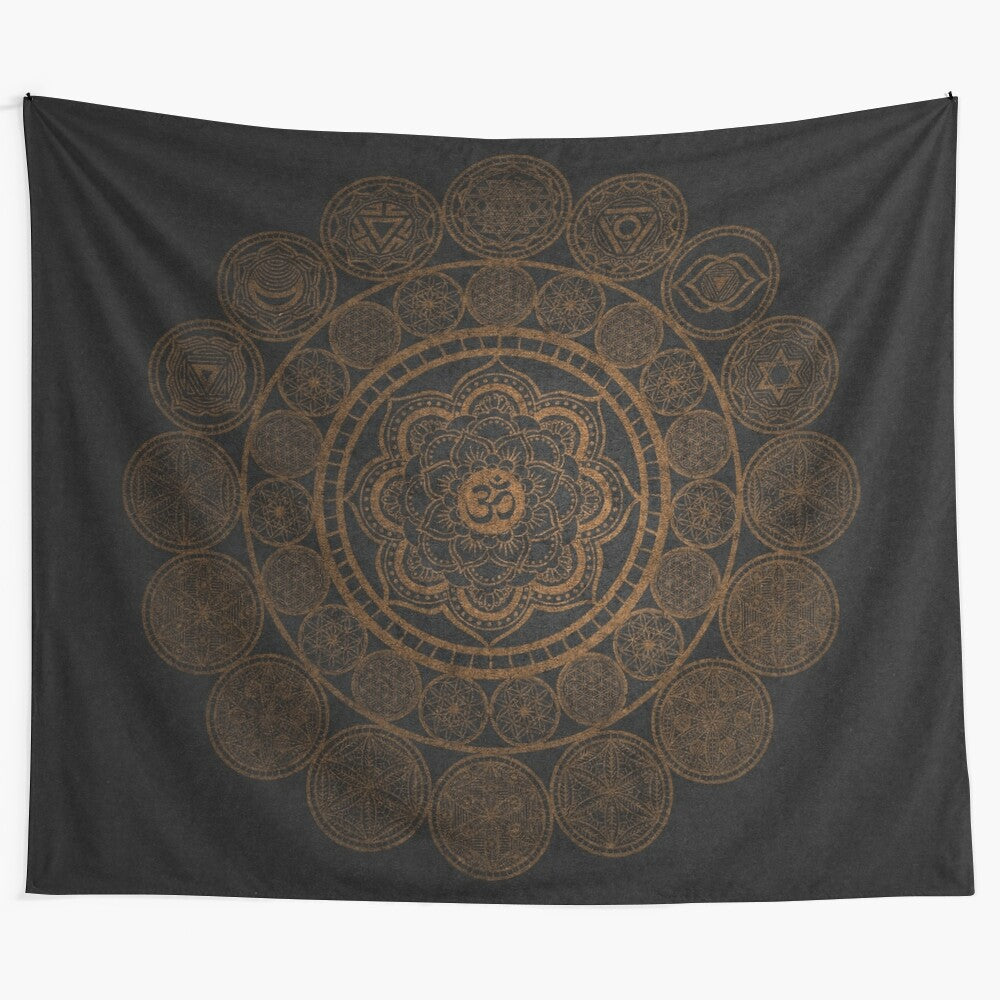 Sacred geometry tapestry with circular patterns and cosmic design