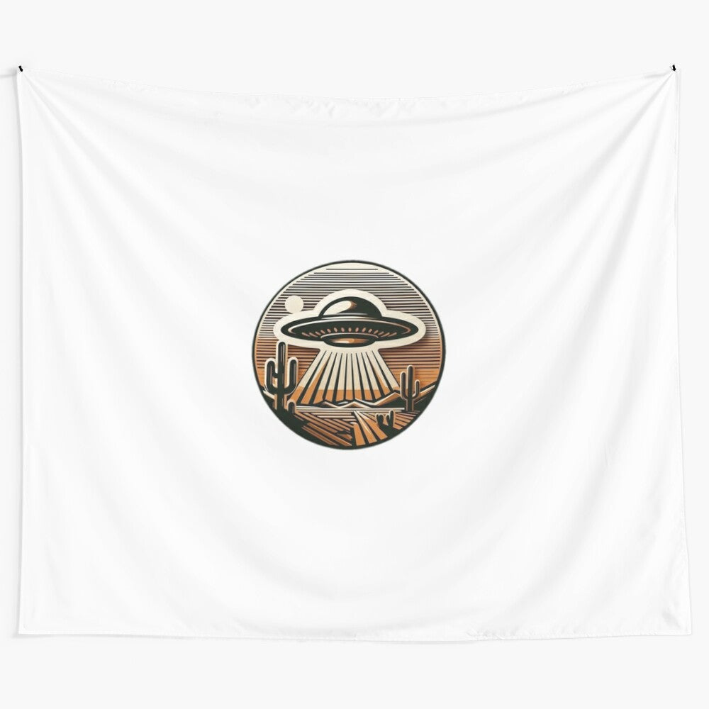 Desert UFO Encounter Tapestry featuring cosmic phenomena and alien sighting