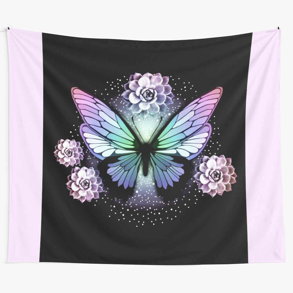 Vibrant floral bouquet tapestry with cosmic flowers and butterflies