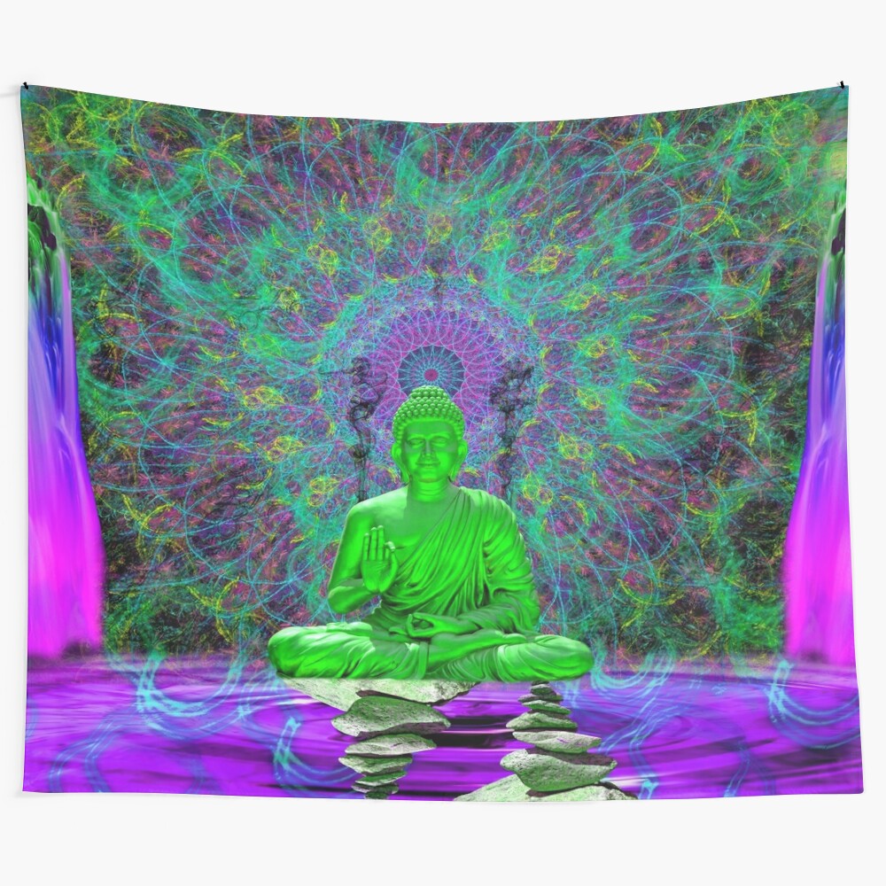 Psychedelic zen water tapestry featuring vibrant colors and Buddhist imagery