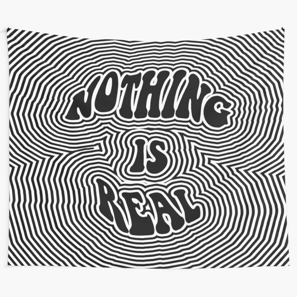 Psychedelic abstract tapestry with text "Nothing is Real"