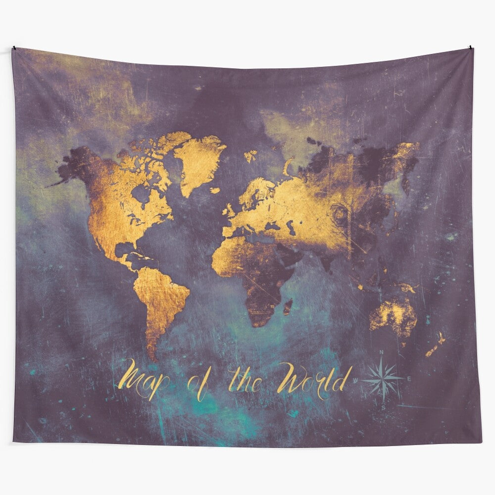 Watercolor world map tapestry depicting a detailed cartographic design