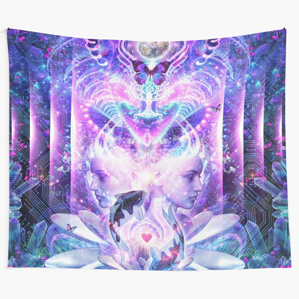 Mindfulness tapestry featuring trippy, visionary design with koi fish, butterflies, and sacred geometry