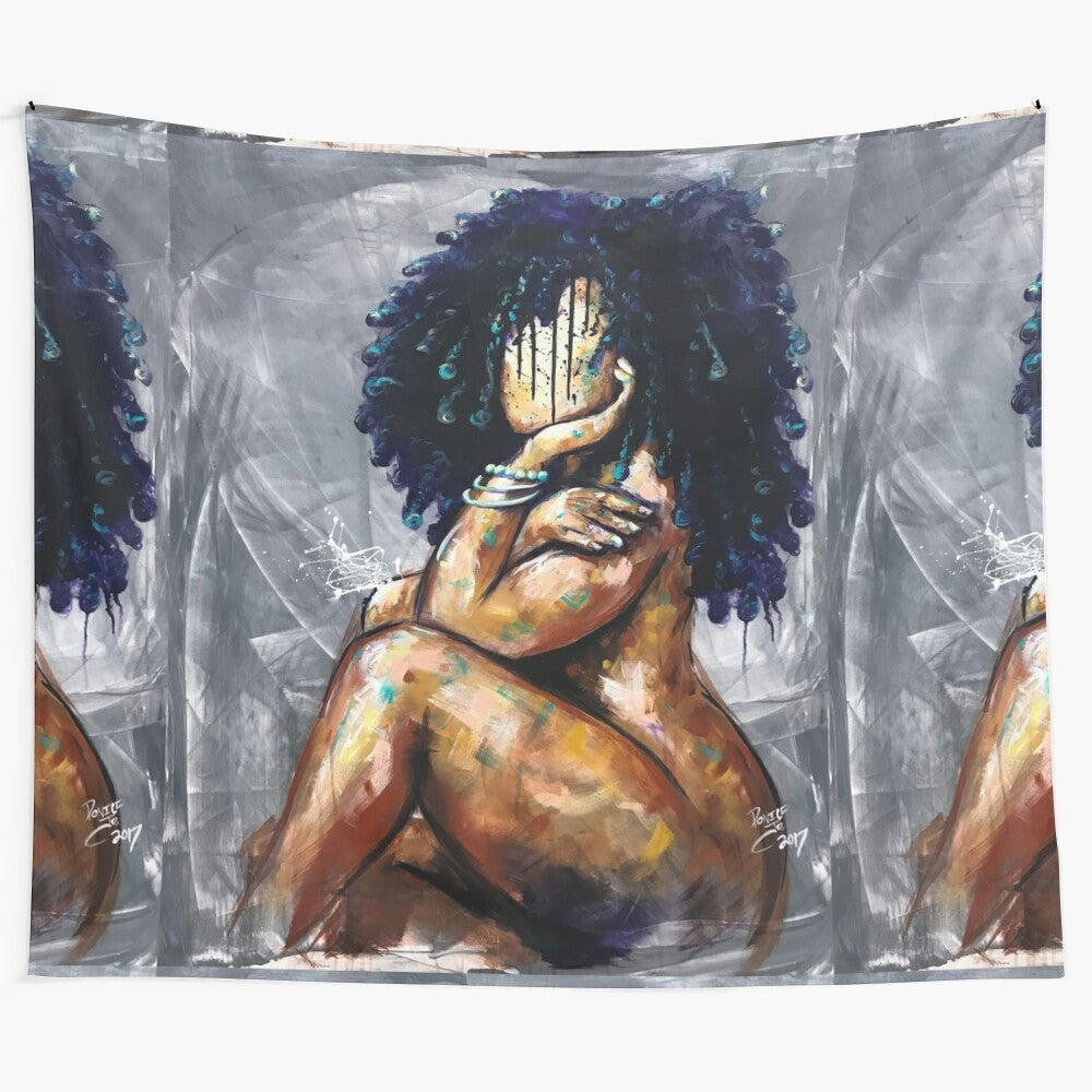 Naturally LVI Tapestry, a stunning black art portrait showcasing a queen-like figure