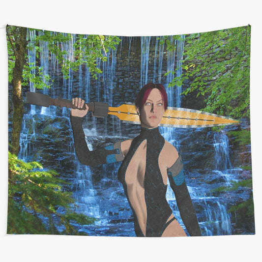 Amazonian warrior tapestry featuring abstract, colorful patterns and nature imagery