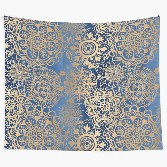 Blue and gold mandala pattern tapestry wall hanging