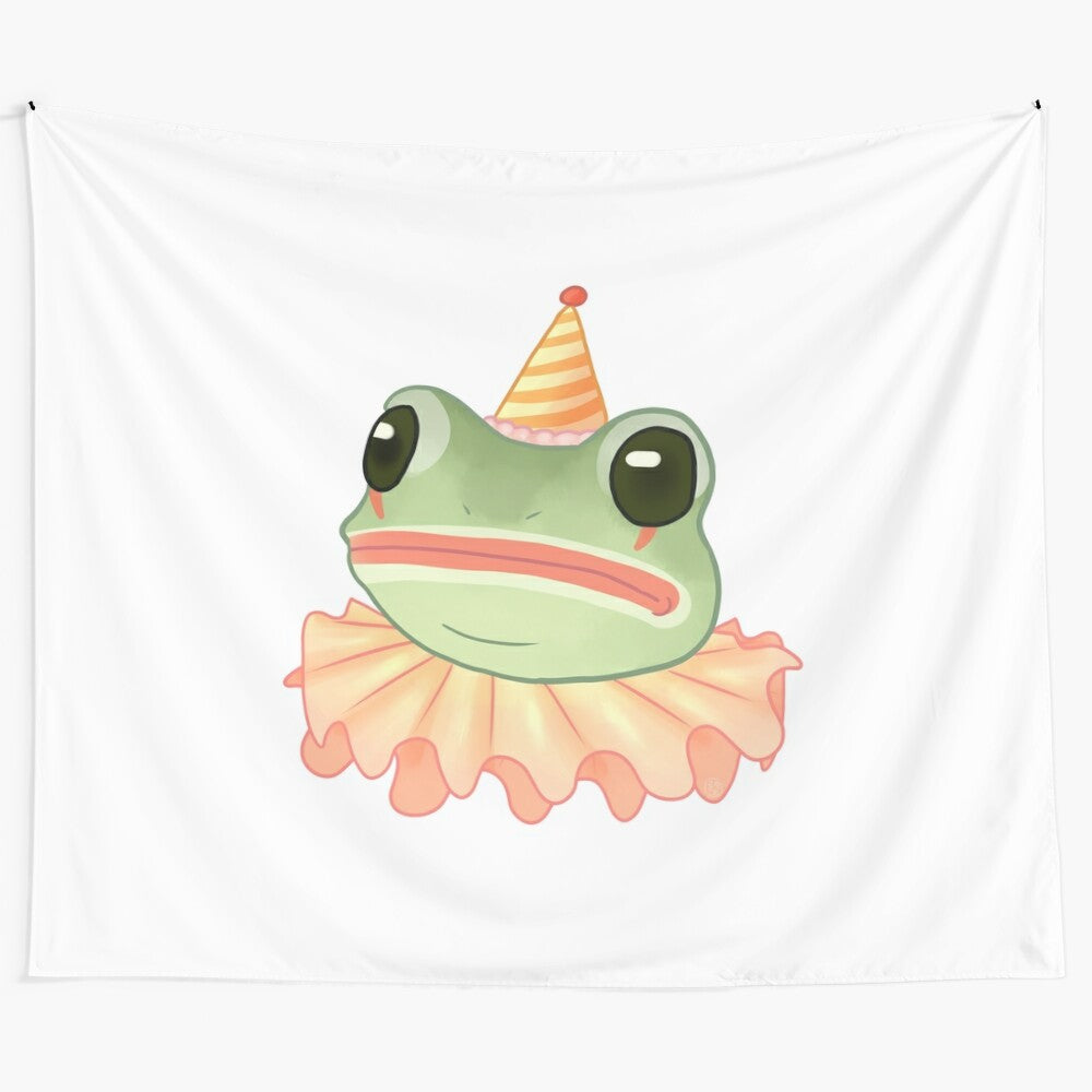 Clown frog tapestry with a cute, pastel-colored frog wearing a clown costume