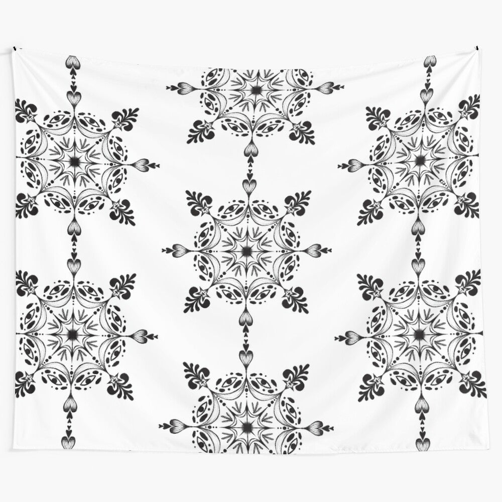 Mandala drawing heart eye tapestry with abstract black pattern design