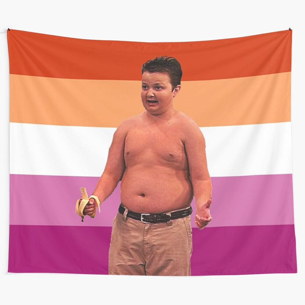 Lesbian flag tapestry featuring the iconic character Gibby from the TV show iCarly